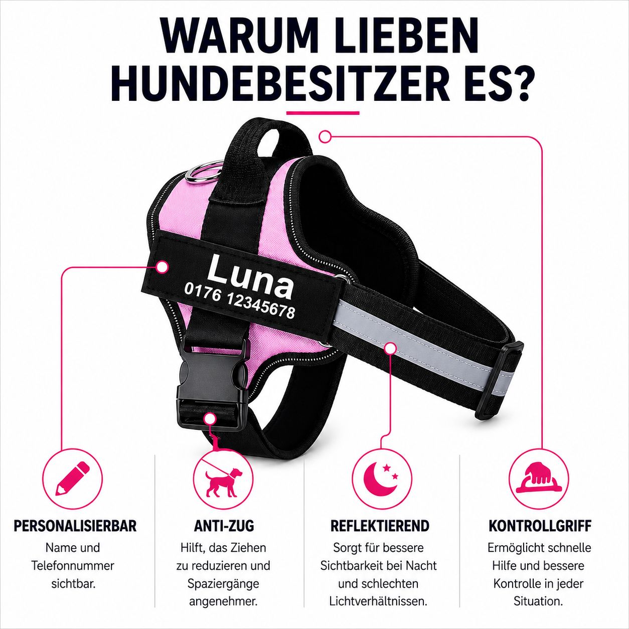 Hundegeschirr mit Namen & Telefonnummer – lasergraviert
