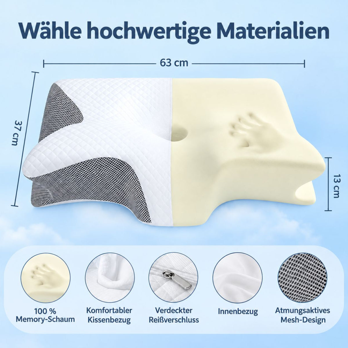 Maße 63 × 37 cm, Memory-Schaum, verdeckter Reißverschluss, Innenbezug, Mesh