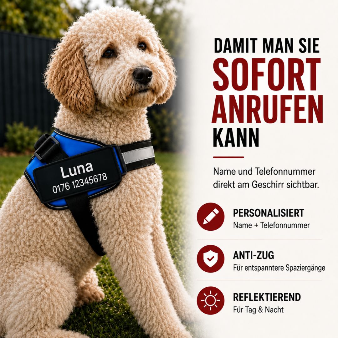 Hundegeschirr mit Namen & Telefonnummer – lasergraviert