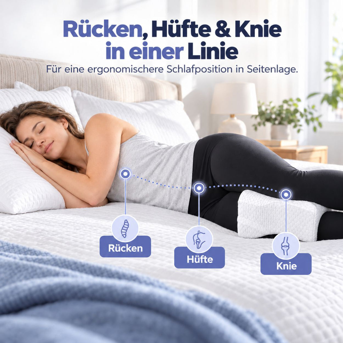 Rücken, Hüfte und Knie in einer Linie – Kniekissen beim Seitenschlafen